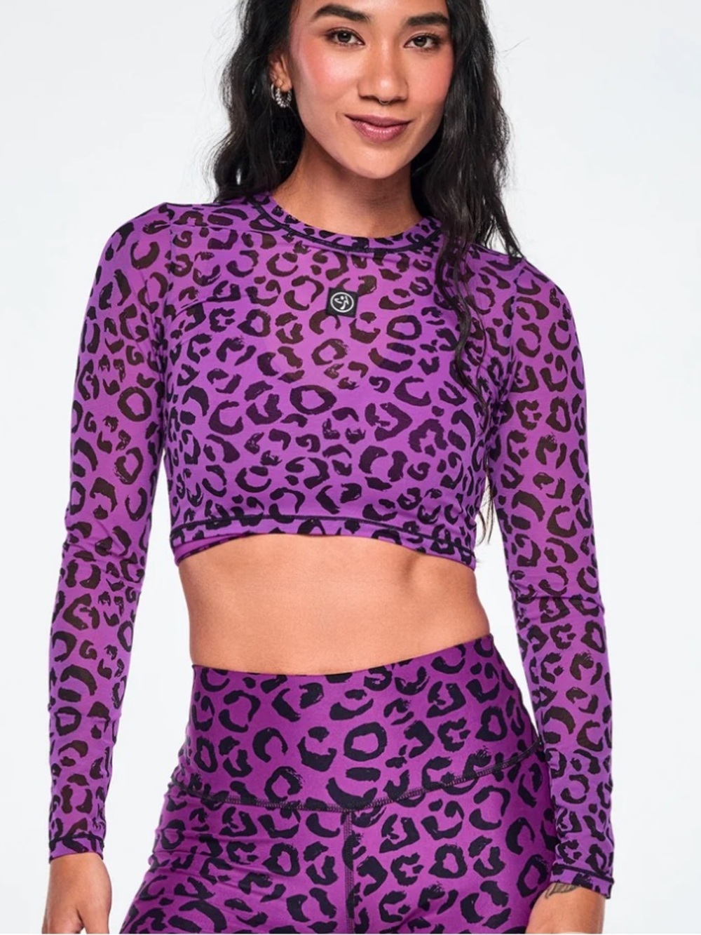Zumba women Purple Leopard-Print Long Sleeve Mesh Crop Top